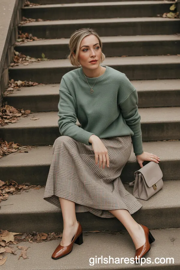 Muted Green Crewneck Sweater with Beige Plaid Midi Skirt