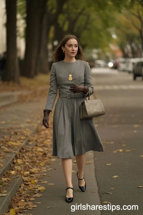 Grey Belted Wool Dress with Mary Jane Heels