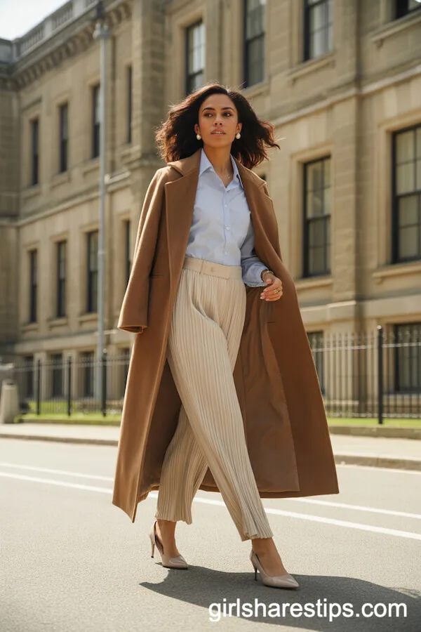 Camel Wool Coat with Cream Pleated Trousers and Blue Shirt