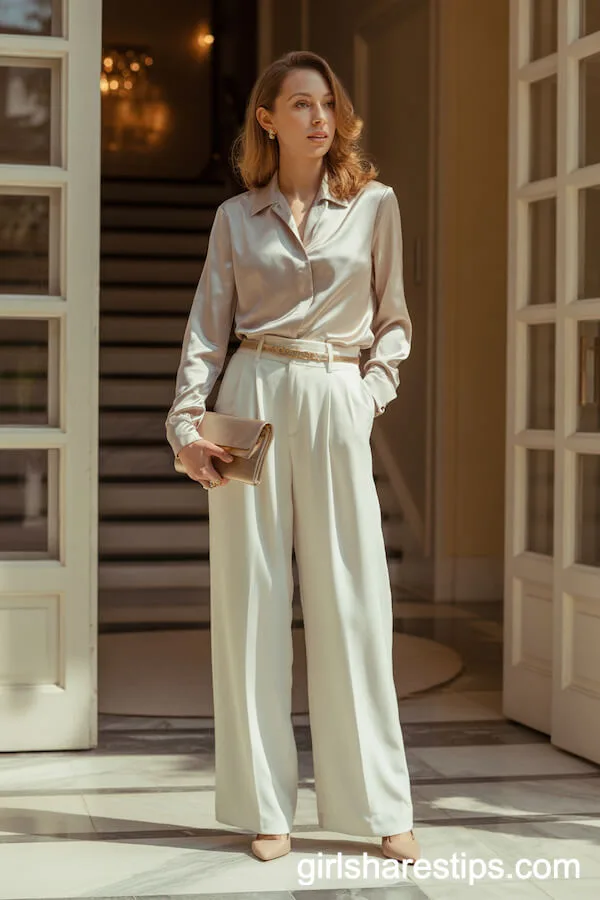 Ivory Silk Blouse with Flowing White Wide-Leg Trousers