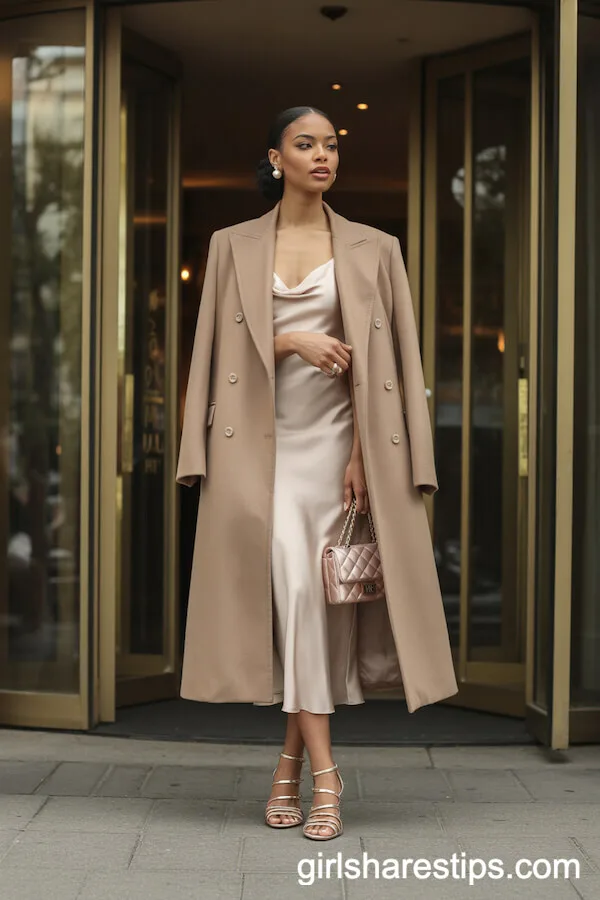 Beige Wool Coat Over Champagne Silk Midi Slip Dress