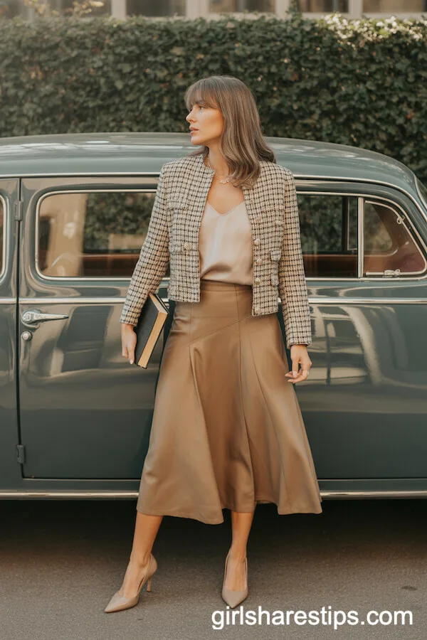 Plaid Tweed Jacket with Beige Silk Camisole and A-Line Midi Skirt