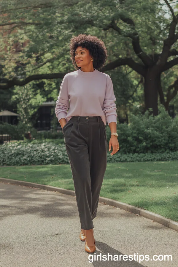 Pastel Cashmere Sweater Charcoal Pleated Slacks