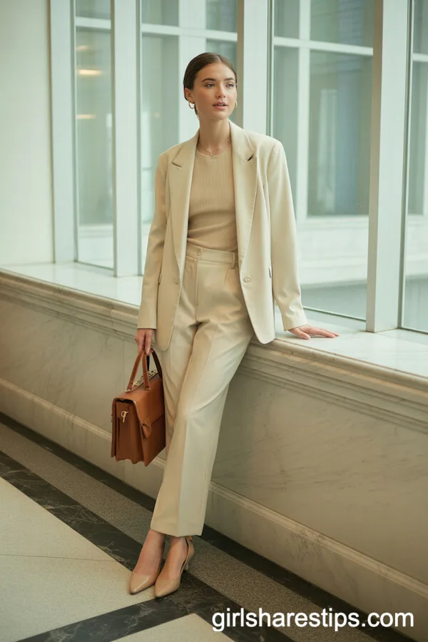Cream Tailored Suit with Soft Knit Top