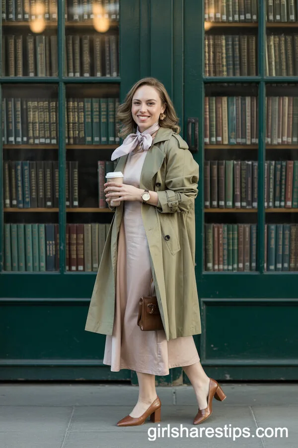 Khaki Trench Over Blush Sheath Dress