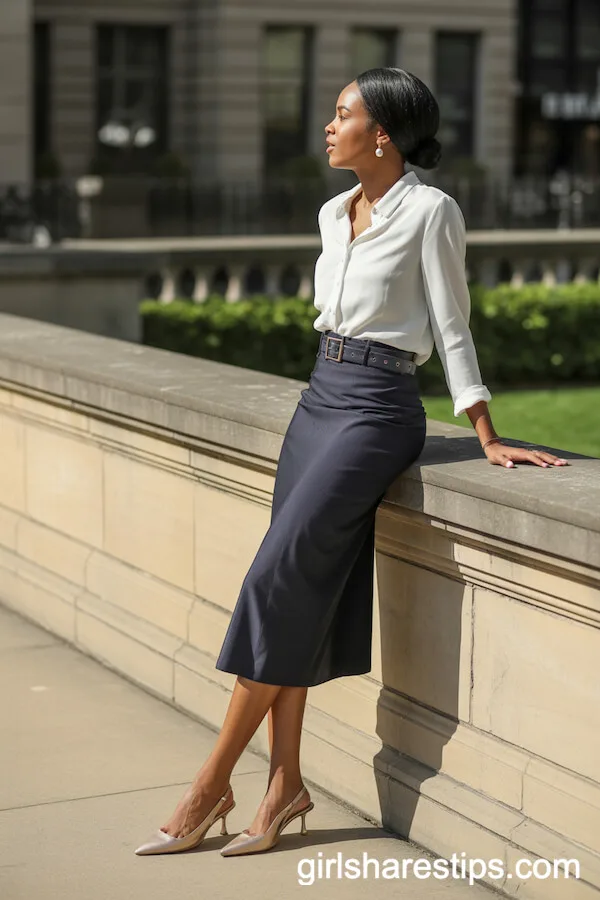 White Silk Blouse and Navy Pencil Skirt Ensemble