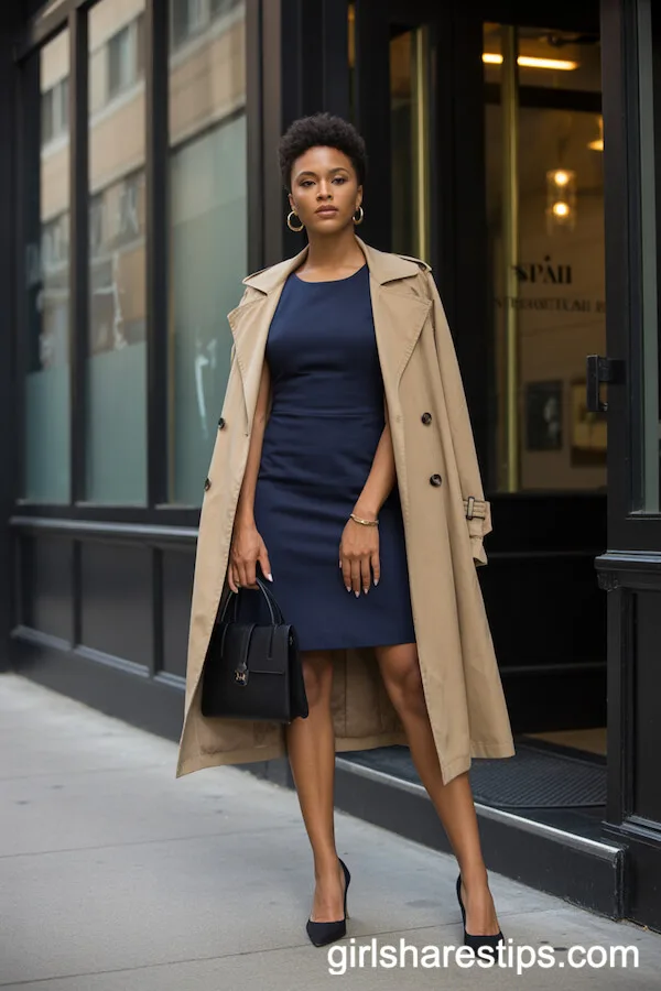 Navy Shift Dress with Beige Trench Coat