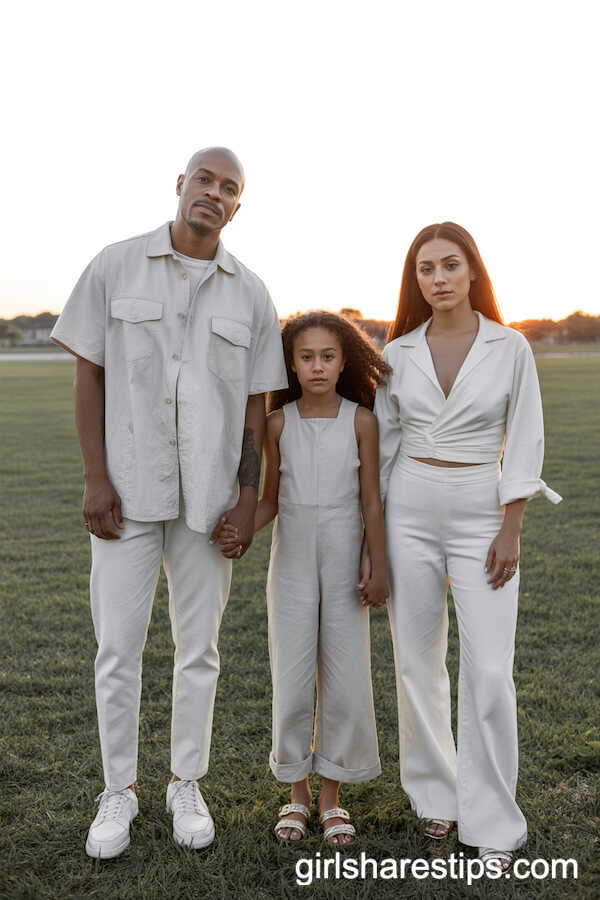 All-White Family Outfits for Modern Open Field Photos