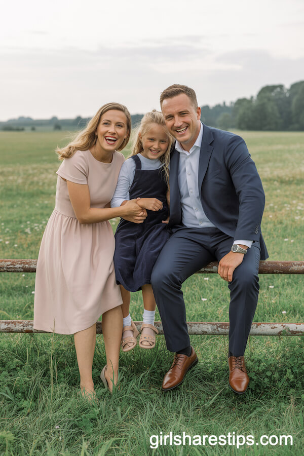 Blush Pink and Navy Family Outfits for Wildflower Fence Portraits