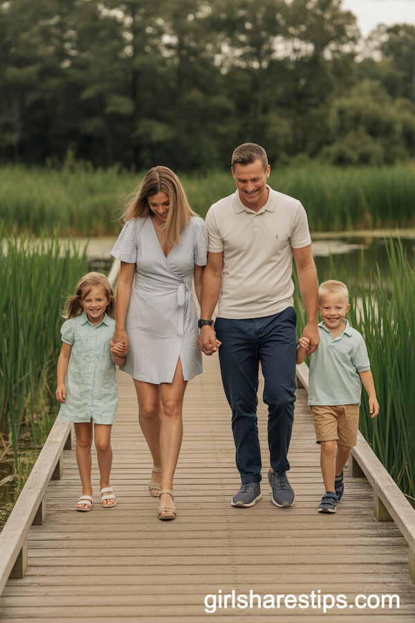 Aqua and Khaki Coordinated Family Outfits for Boardwalk Walks