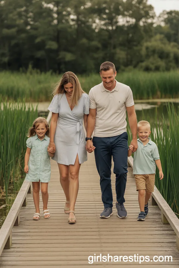 Aqua and Khaki Coordinated Family Outfits for Boardwalk Walks