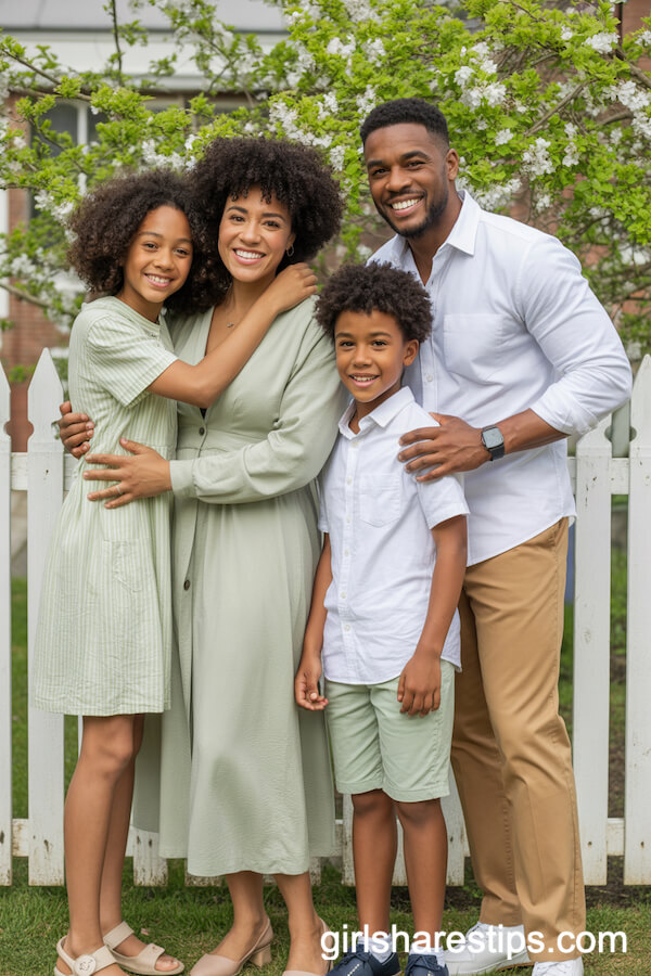 Pale Sage, Mint, and Crisp White Outfits by a White Picket Fence