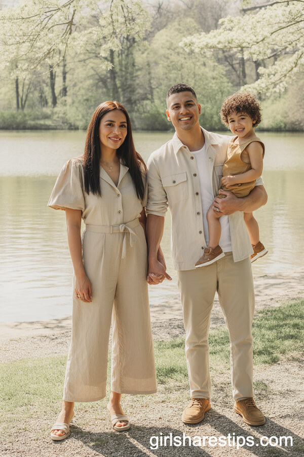 Coordinated Linen and Khaki Outfits by the Lakeshore