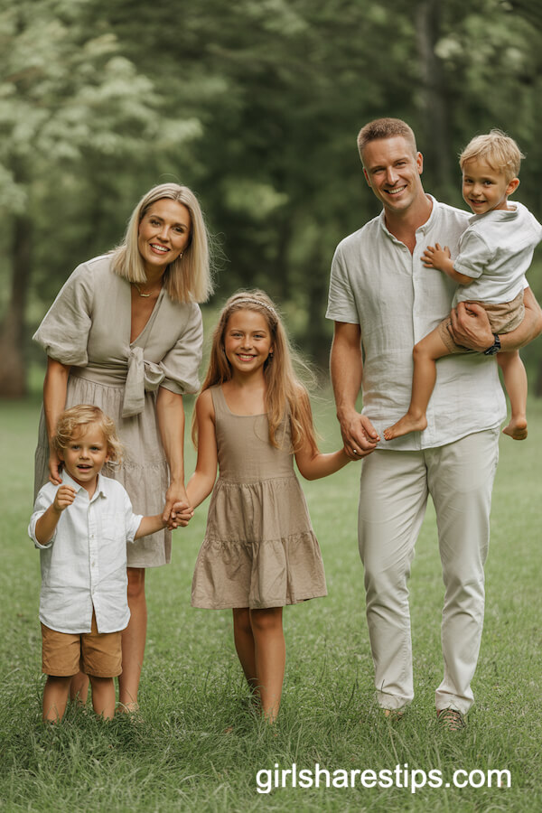 Coordinated Neutral Linen and White Outfits in a Sunlit Park