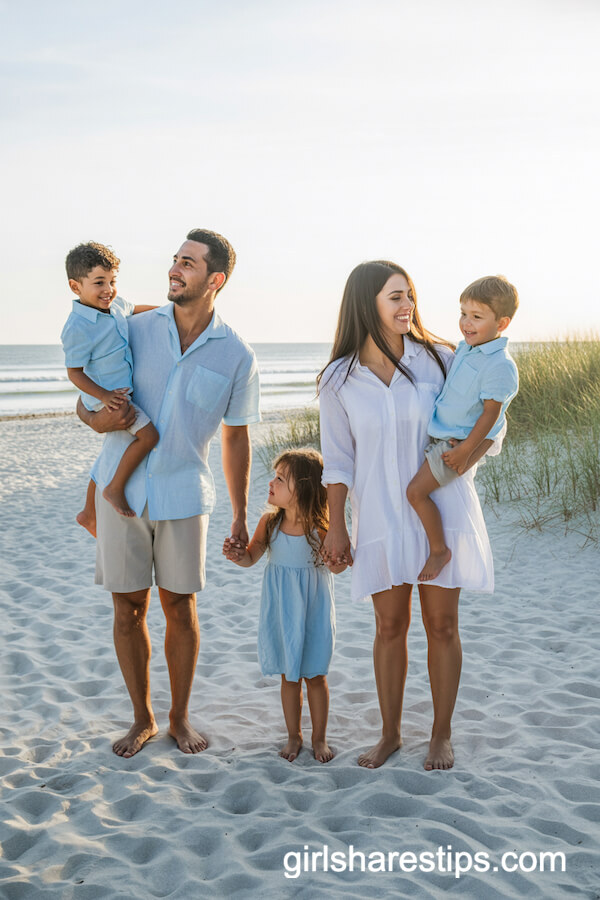 Light Blue and White Linen Outfits on a Sandy Beach