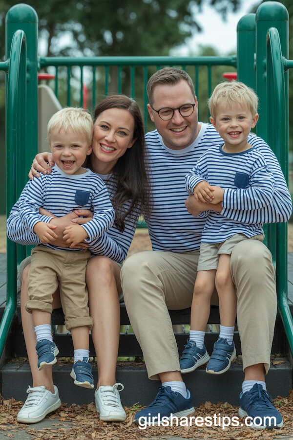 Matching Blue and White Striped Outfits at a Playground