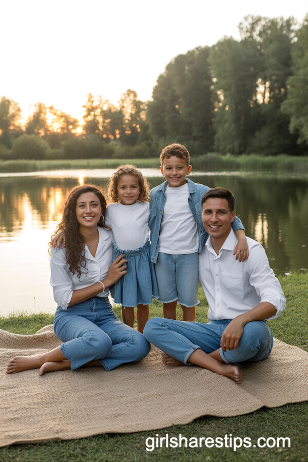 Denim and Crisp White Tops by a Serene Lake