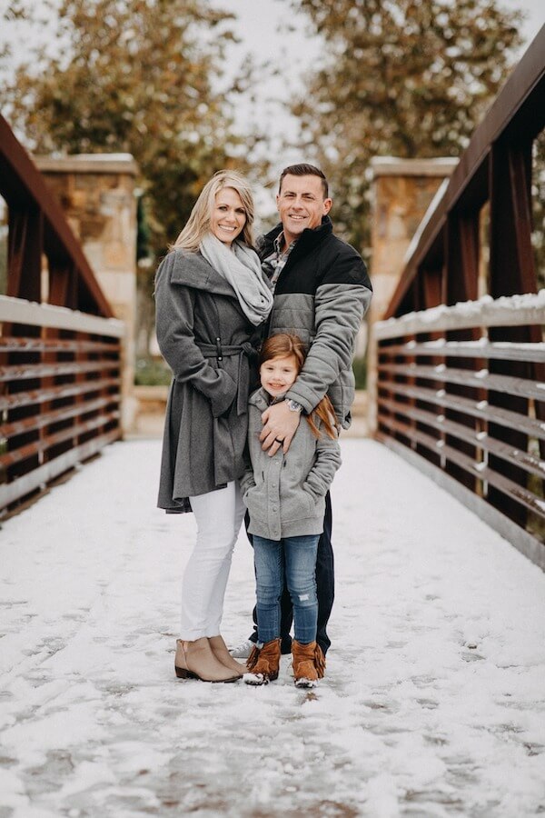 Family Portrait on a Snowy Bridge