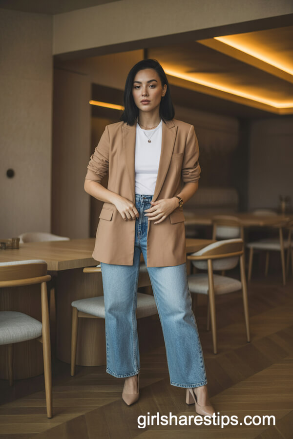 Tailored Beige Blazer with White T-shirt and Blue Jeans