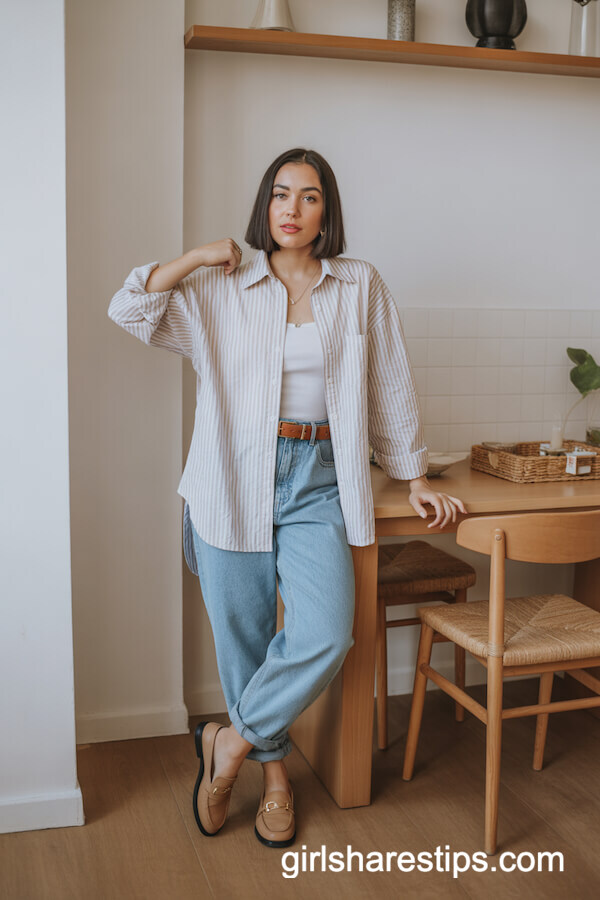 Loose Striped Button-Down Shirt with Mom Jeans