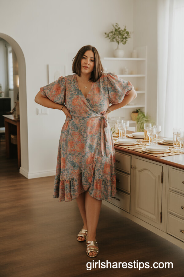 Colorful Wrap Dress with Gold Sandals