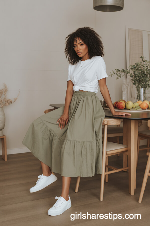 White T-shirt with Flowy Olive Midi Skirt