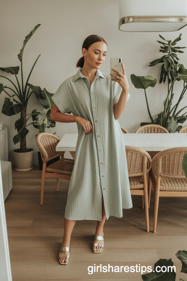 Button-Up Sage Green Dress with Nude Sandals