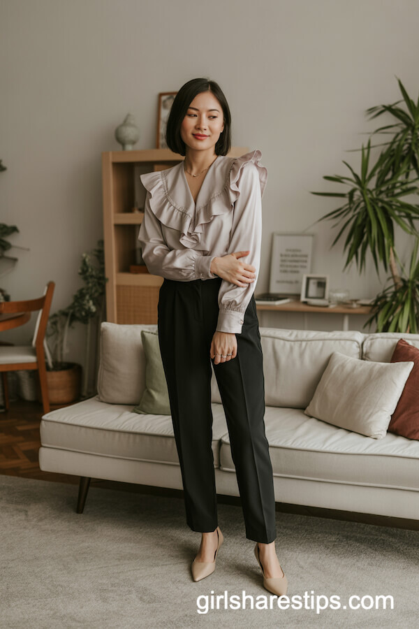 Statement Ruffled Blouse with Classic Black Trousers