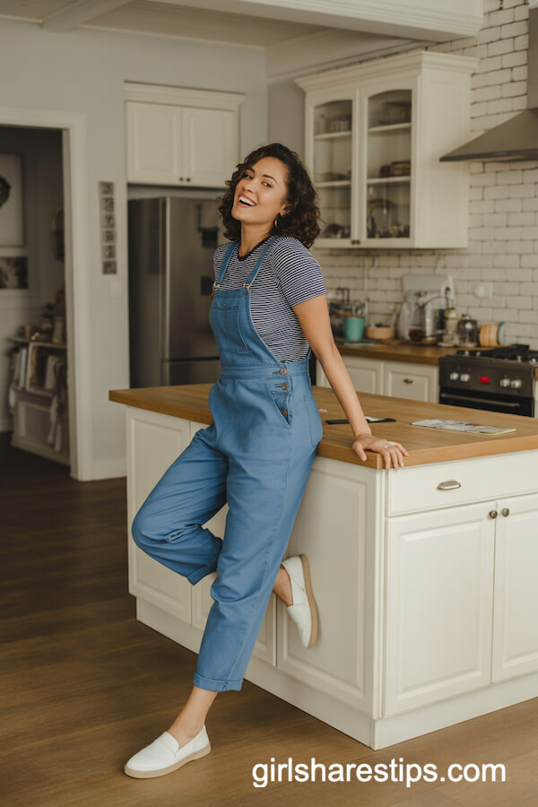 Blue Denim Overalls with Fitted Striped Tee