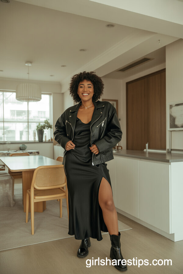 Black Leather Jacket with Satin Slip Dress