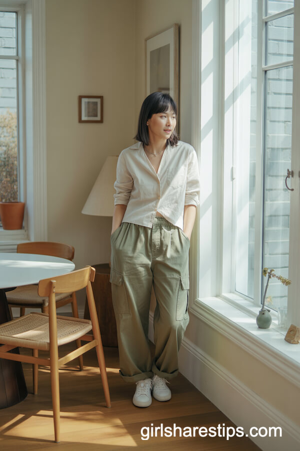 Relaxed Linen Blouse with Olive Cargo Pants