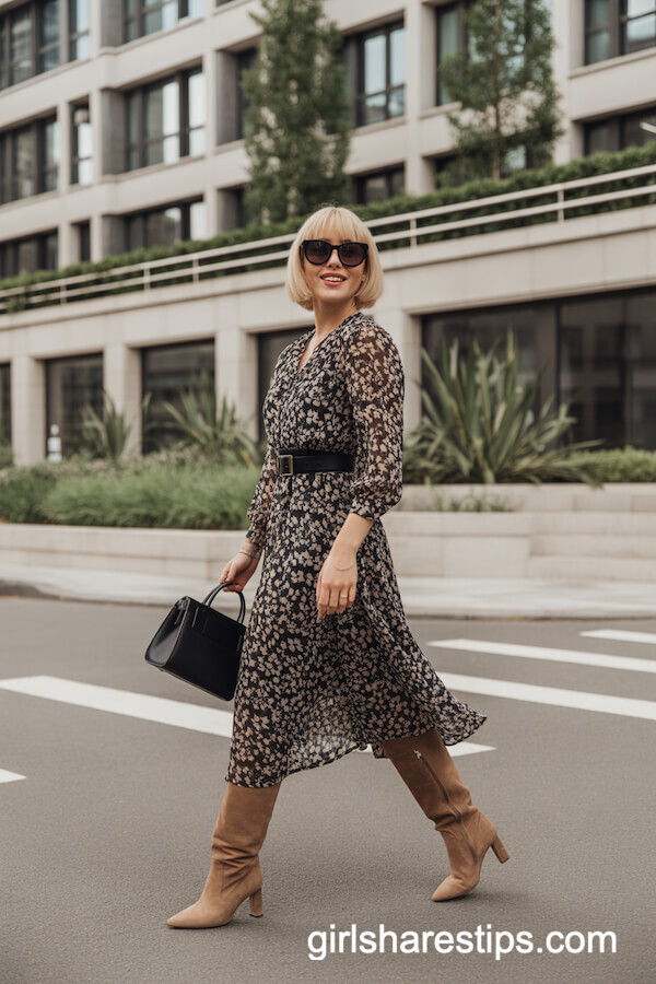 Black and Beige Floral Print Midi Dress