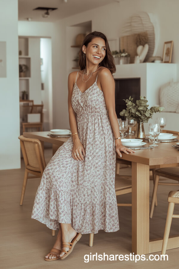 Floral Boho-Chic Maxi Dress with Tan Sandals
