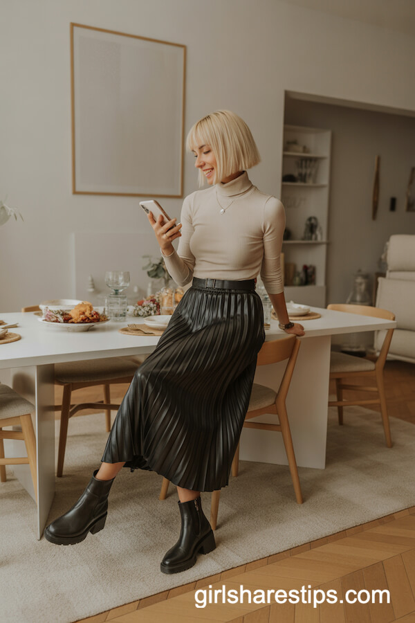 Fitted Beige Turtleneck with Black Pleated Midi Skirt