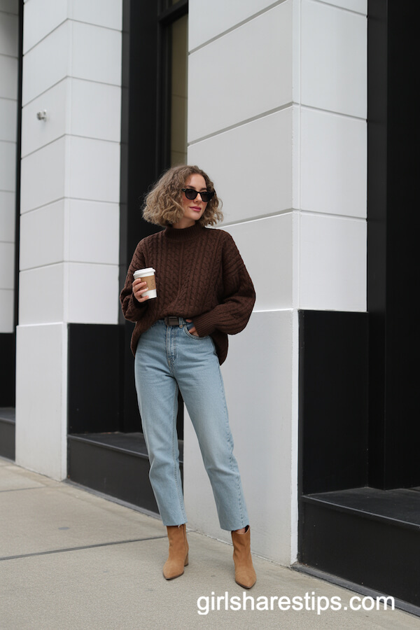 Chunky Brown Cable-Knit Sweater with Light-Wash Jeans