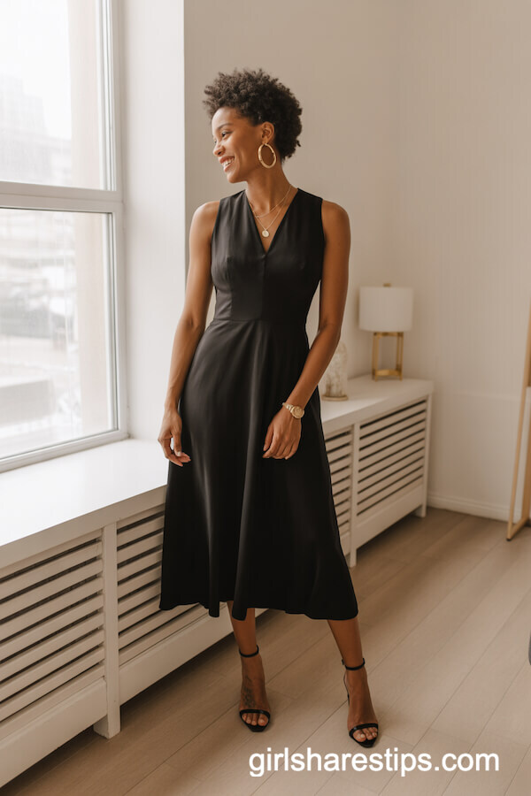 Simple Black Midi Dress with Gold Hoop Earrings