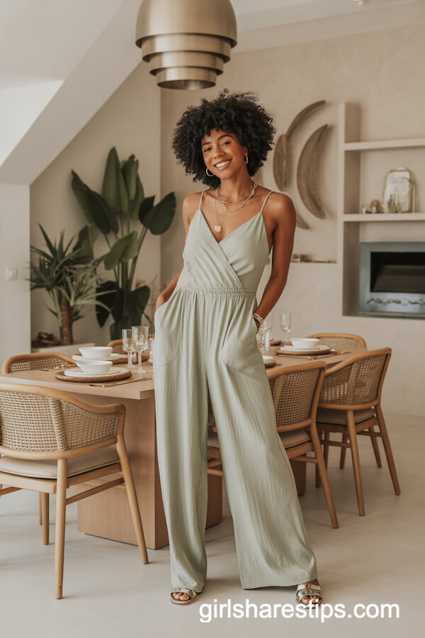 Chic Sage Green Jumpsuit with Chunky Gold Accessories