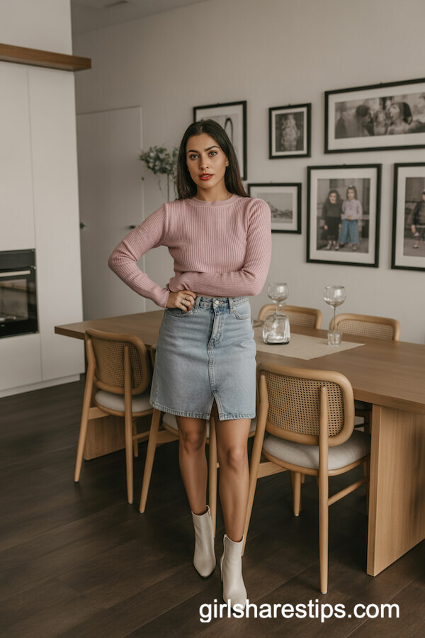 High-Waist Denim Skirt with Pastel Pink Knitted Top