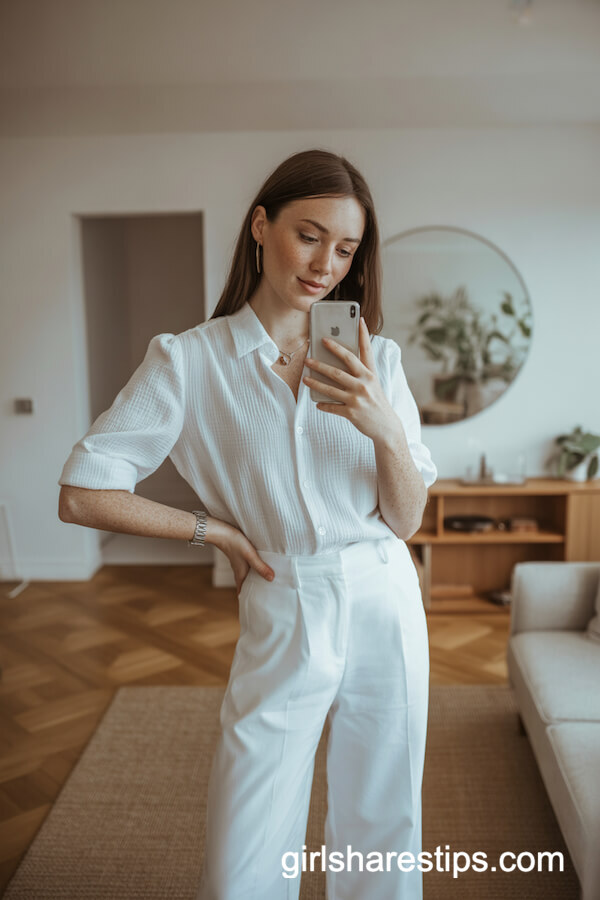 All-White Outfit: Wide-Leg Trousers and Textured Blouse