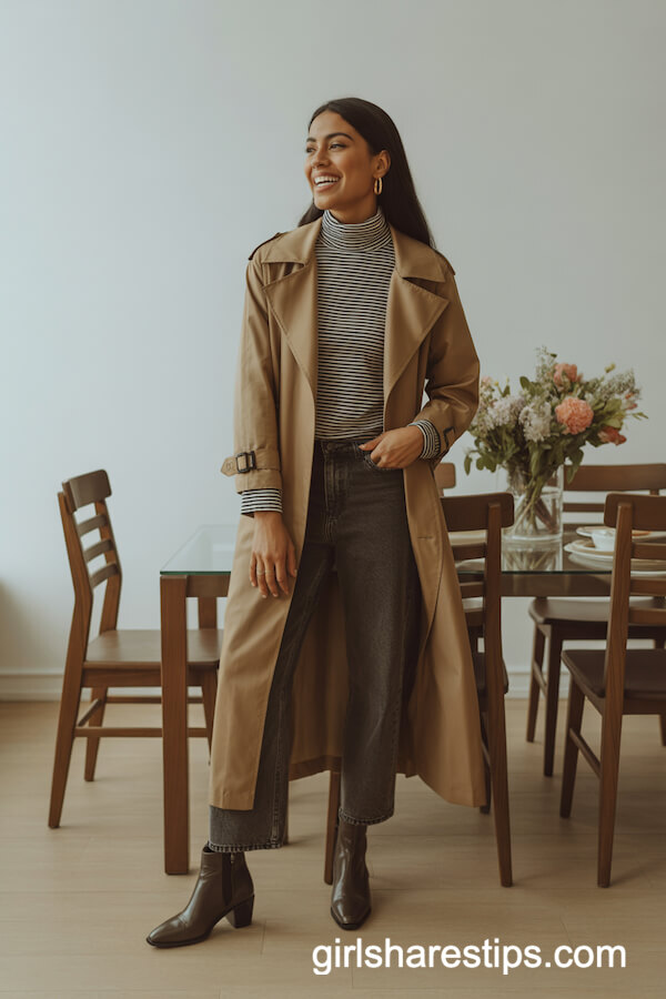 Light Brown Trench Coat with Striped Turtleneck