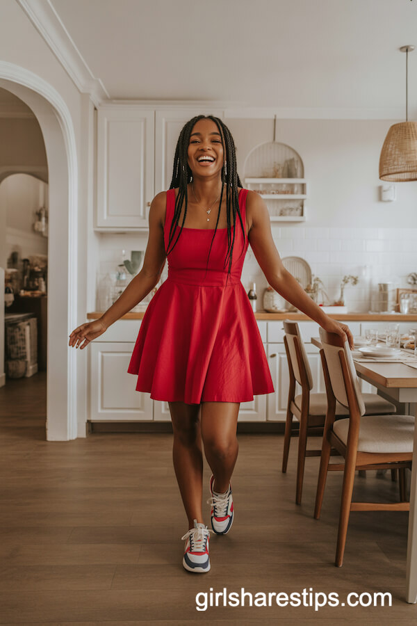 Red Skater Dress with Colorful Sneakers