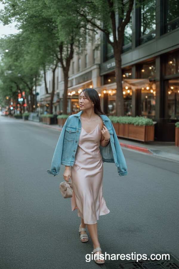Pastel Slip Dress with Denim Jacket