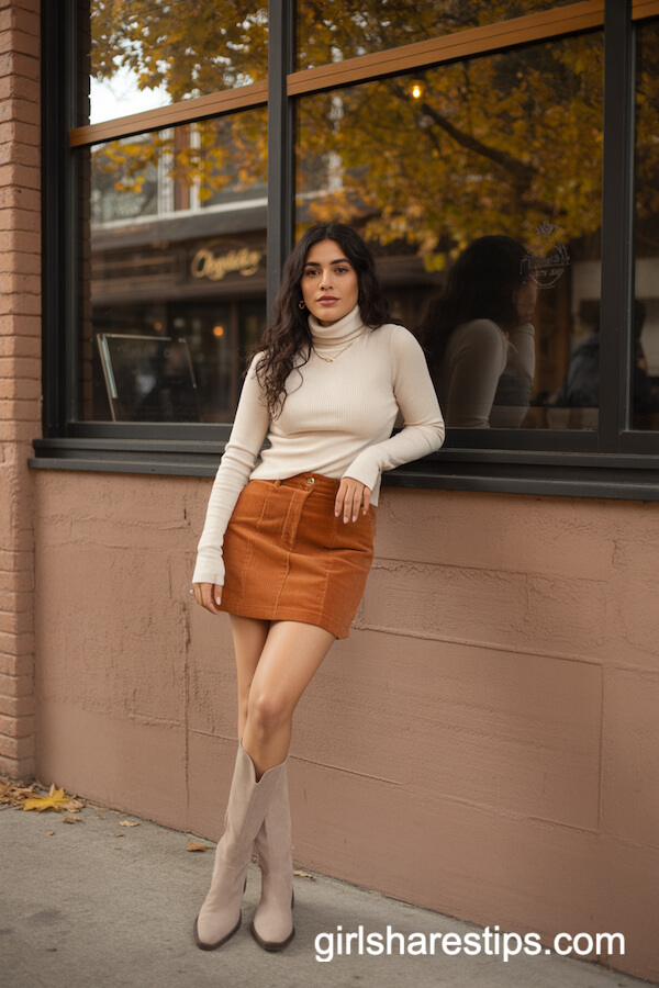 Burnt Orange Corduroy Skirt and Cream Sweater