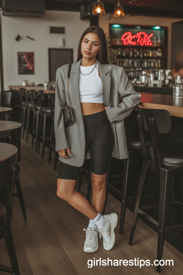 Long Blazer Over Biker Shorts