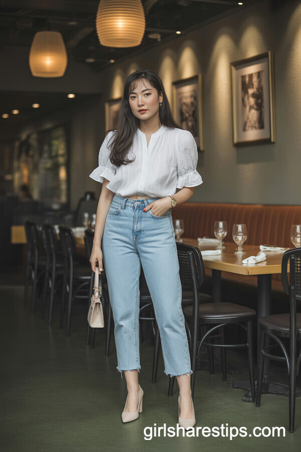 White Ruffled Blouse and Blue Jeans