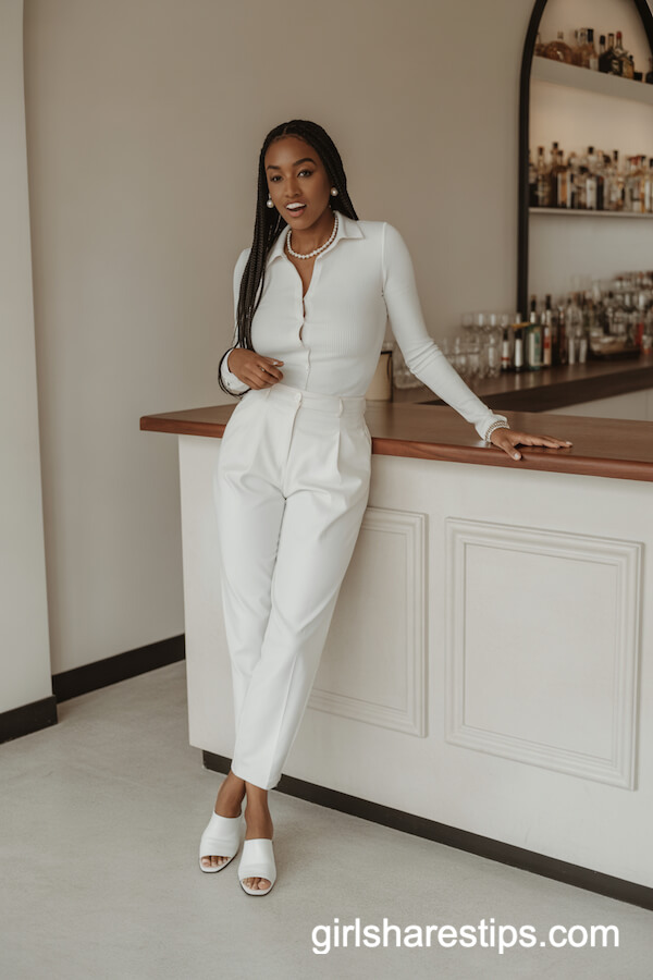 White Button-Up Blouse and Trousers