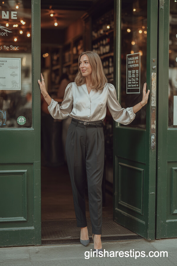 High-Waisted Black Trousers and Silk Blouse