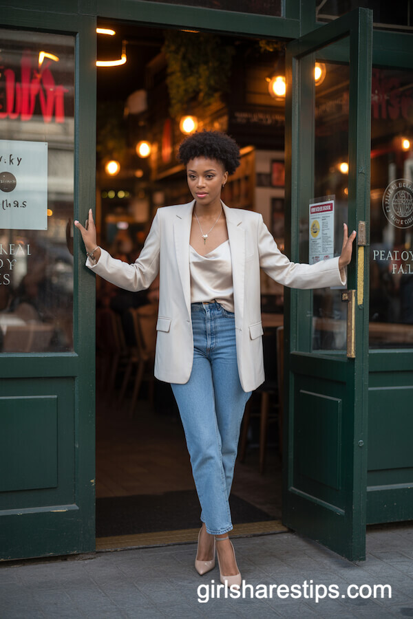 Tailored White Blazer and Blue Jeans