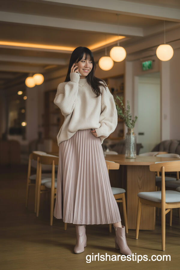 Cream Chunky-Knit Sweater and Pastel Skirt