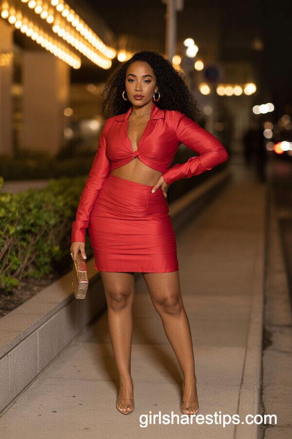 Red Matching Crop Top and Skirt